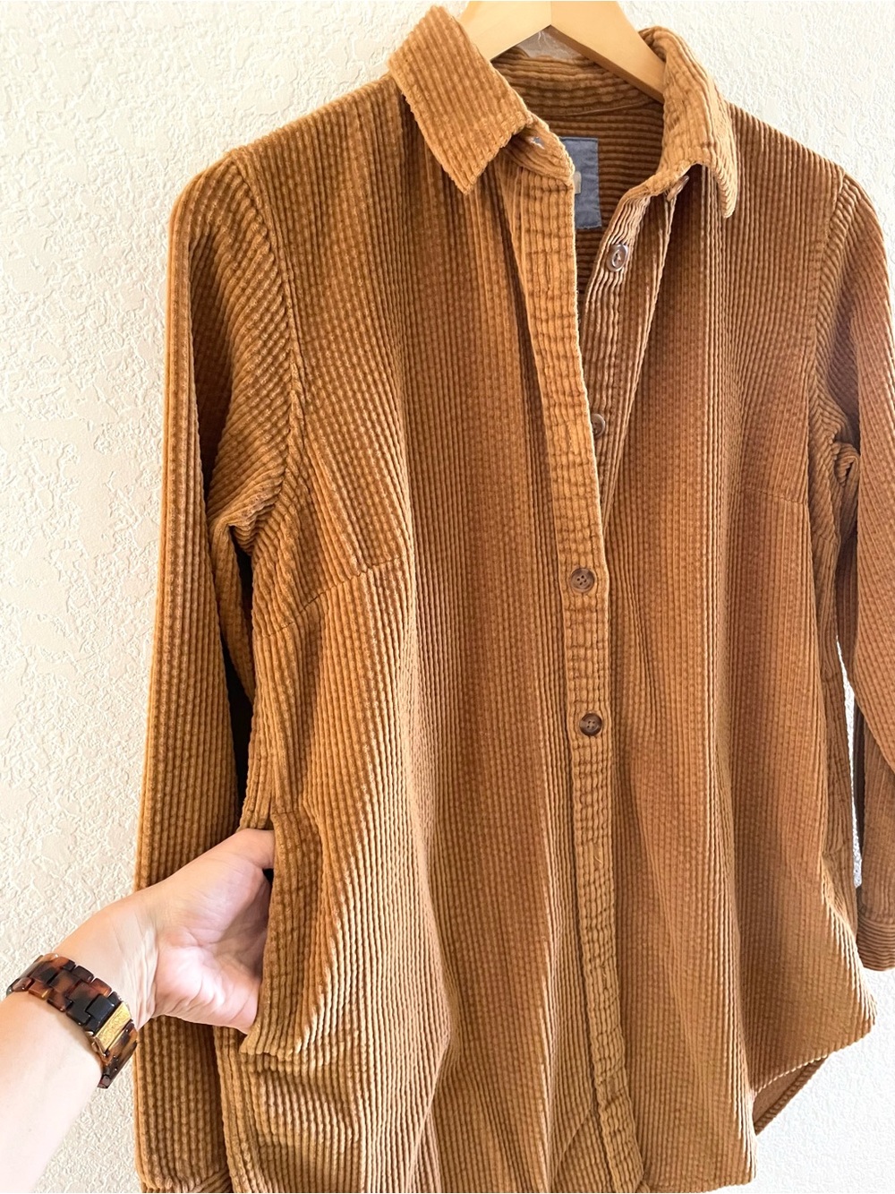 L.L. Bean Caramel Corduroy Shirt Jacket Shacket Long Tunic Button Down Sz XS - Picture 7 of 13